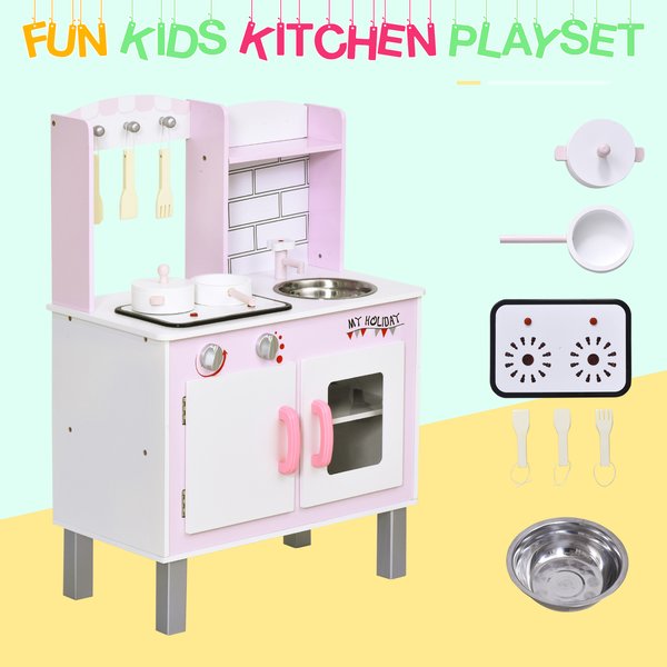 Kids Pretend Kitchen Playset W/ Cooking Toy Accessories - Pink