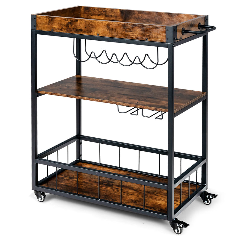 Kitchen Cart on Wheels with Removable Top Tray，3-Tier Storage Shelf, 4 Hooks-Rustic Brown