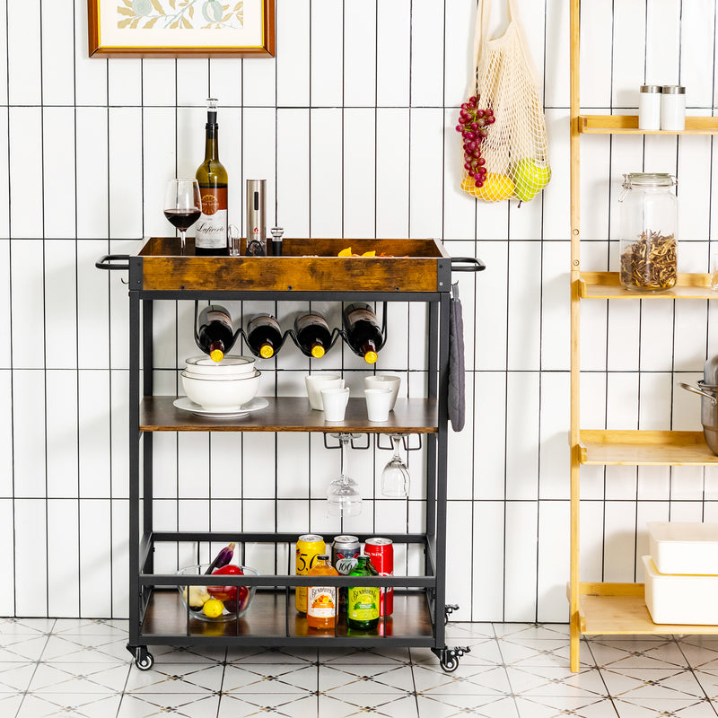 Kitchen Cart on Wheels with Removable Top Tray，3-Tier Storage Shelf, 4 Hooks-Rustic Brown