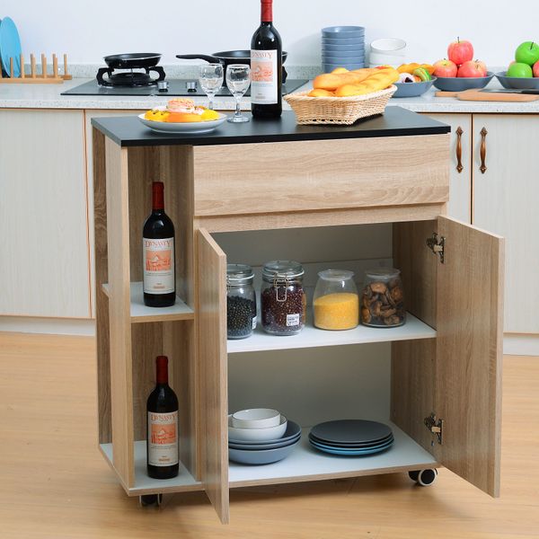 Kitchen Island Shelves Rolling Wheels Cart,78Wx39.5Dx88.5H Cm - Oak/Black