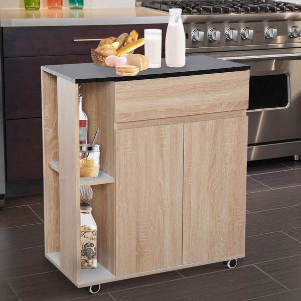 Kitchen Island Shelves Rolling Wheels Cart,78Wx39.5Dx88.5H Cm - Oak/Black