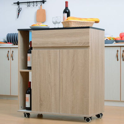 Kitchen Island Shelves Rolling Wheels Cart,78Wx39.5Dx88.5H Cm - Oak/Black