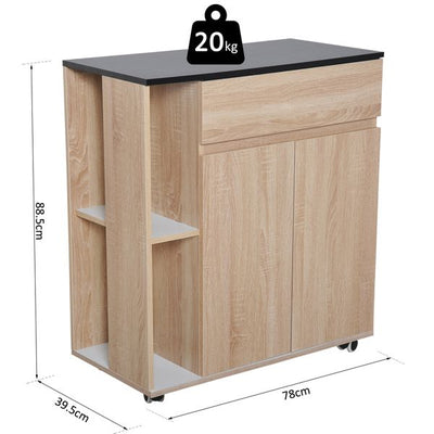 Kitchen Island Shelves Rolling Wheels Cart,78Wx39.5Dx88.5H Cm - Oak/Black