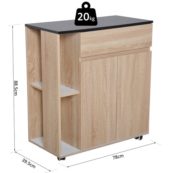 Kitchen Island Shelves Rolling Wheels Cart,78Wx39.5Dx88.5H Cm - Oak/Black