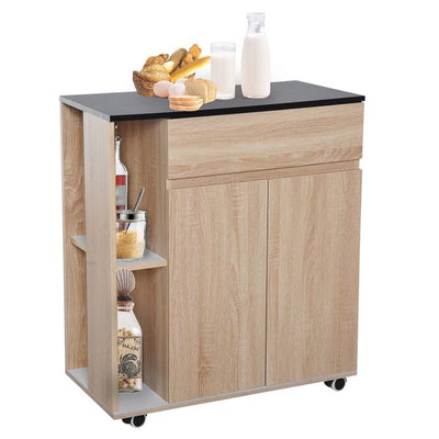 Kitchen Island Shelves Rolling Wheels Cart,78Wx39.5Dx88.5H Cm - Oak/Black