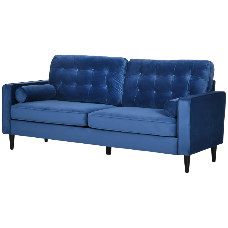 Three-Seater Velvet-Feel Sofa, With Pillows - Blue