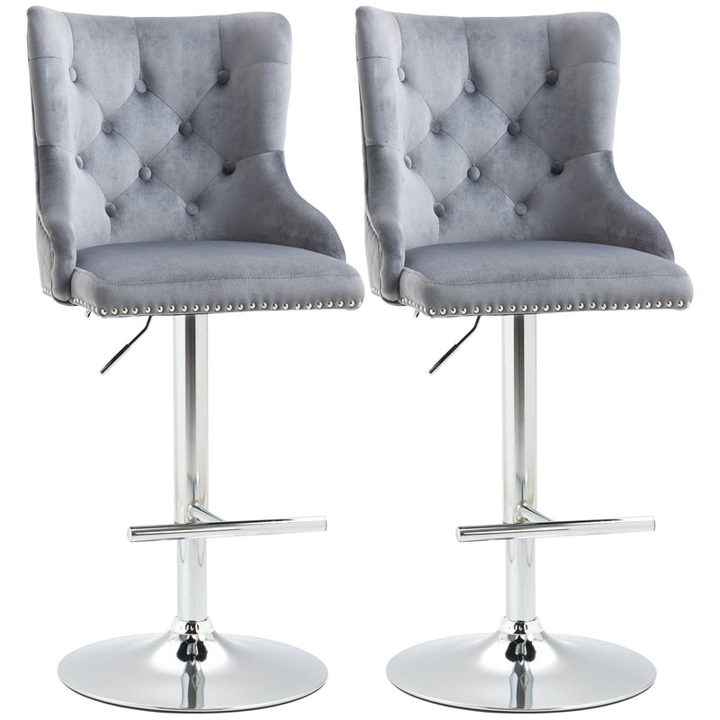 HOMCOM Modern Adjustable Bar Stools Set of 2, Swivel Velvet Barstools with Button Tufted Back, Footrest, Nailhead Trim for Home Bar, Grey