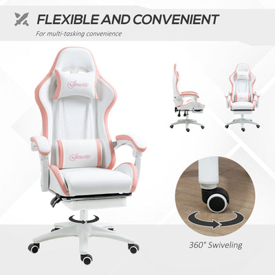 Vinsetto Racing Gaming Chair, Reclining PU Leather Computer Chair with 360 Degree Swivel Seat, Footrest, Removable Headrest White and Pink