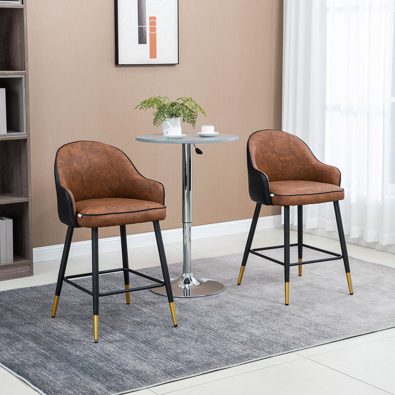 HOMCOM Modern Bar Stools Set of 2 Upholstered PU Leather Kitchen Stool Bar Chairs with Tufted Back Steel Legs Brown