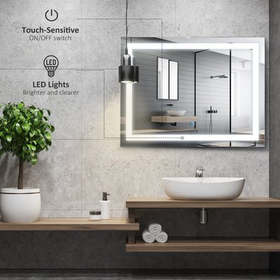 kleankin 80x60cm LED Bathroom Mirror Wall Mounted Vanity Light Illuminated w/ Touch Switch Accessories Home Furnishings