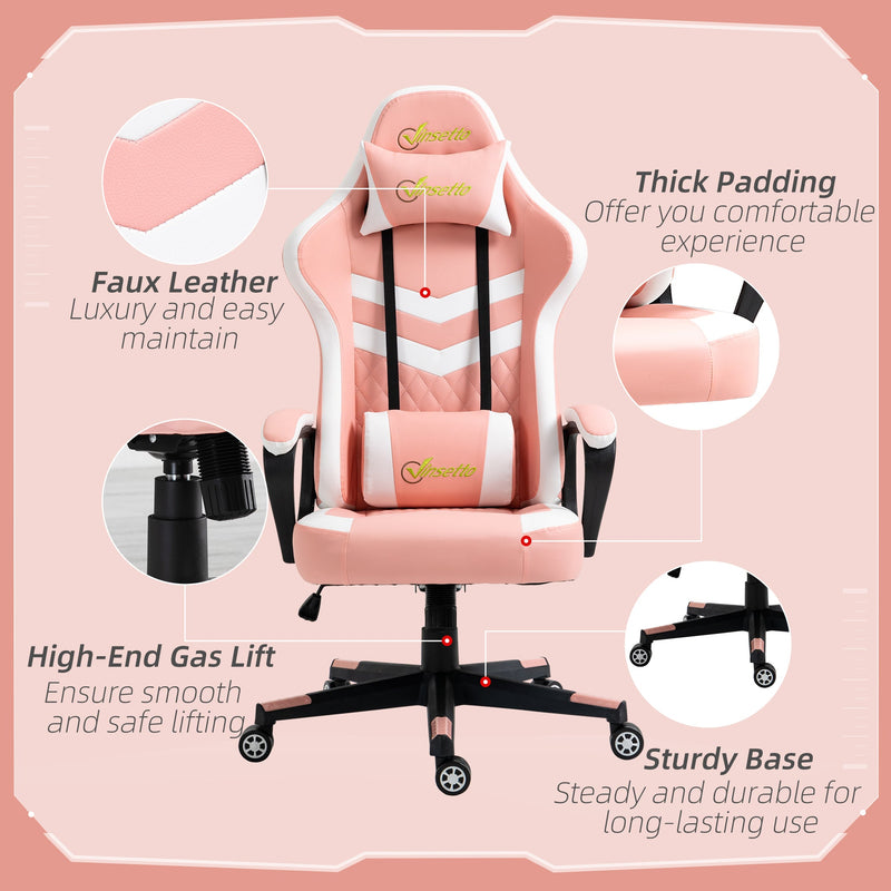 Vinsetto Racing Gaming Chair with Lumbar Support, Headrest, Swivel Wheel, PVC Leather Gamer Desk Chair for Home Office, Pink