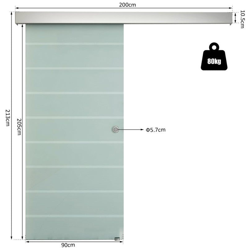 HOMCOM Tempered Glass Sliding Barn Door Kit Aluminum-alloy Rail W/Handle-Frosted Glass W/ Stripes