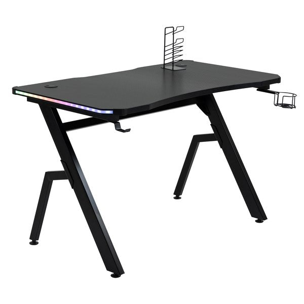 LED Ergonomic Gaming Desk Computer Table With Cup Holder & Cable Management - Black