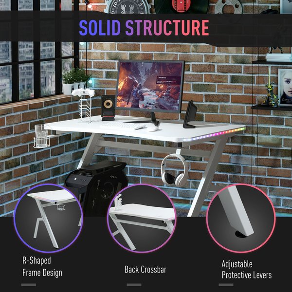 Escritorio ergonómico para juegos con LED, mesa para computadora con portavasos y administración de cables, color blanco