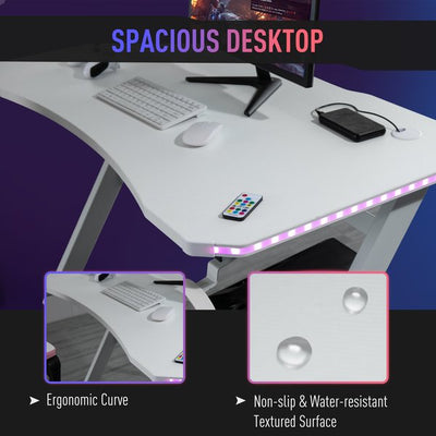 Escritorio ergonómico para juegos con LED, mesa para computadora con portavasos y administración de cables, color blanco