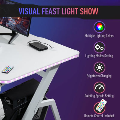 Escritorio ergonómico para juegos con LED, mesa para computadora con portavasos y administración de cables, color blanco