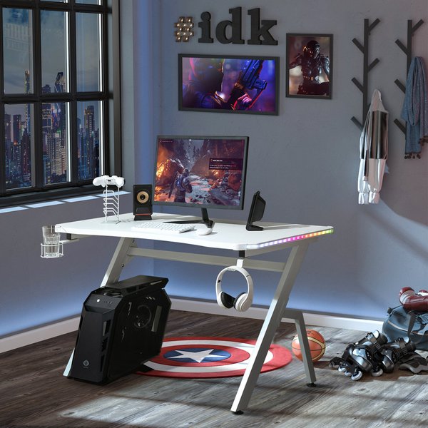 Escritorio ergonómico para juegos con LED, mesa para computadora con portavasos y administración de cables, color blanco