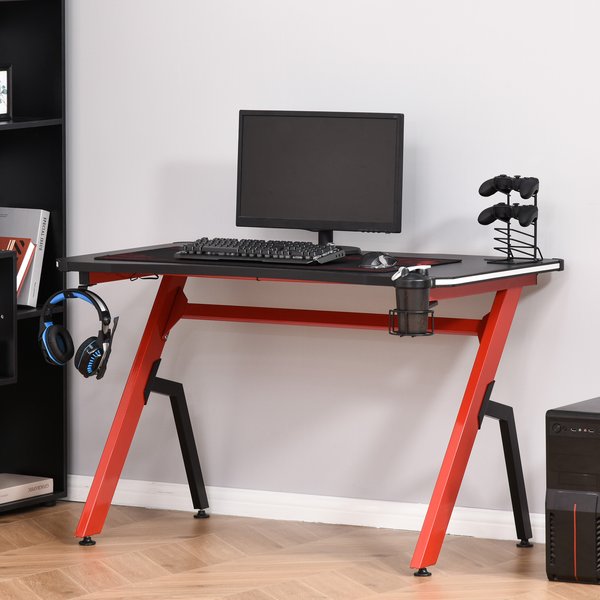 LED Ergonomic Gaming Desk Computer Writing Table With Cup Holder Cable Management