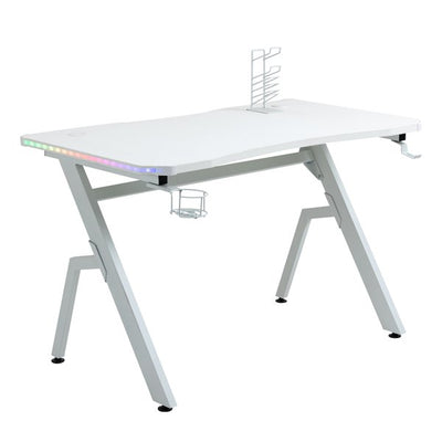 Escritorio ergonómico para juegos con LED, mesa para computadora con portavasos y administración de cables, color blanco