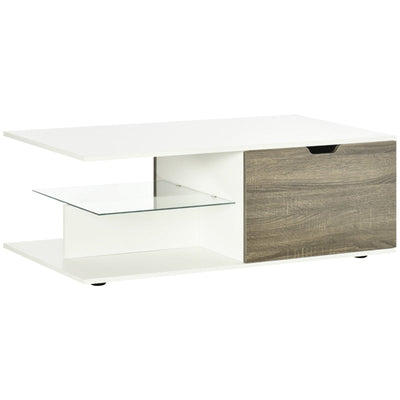 Modern Coffee Table With Tempered Glass Shelf And Two Drawers, White