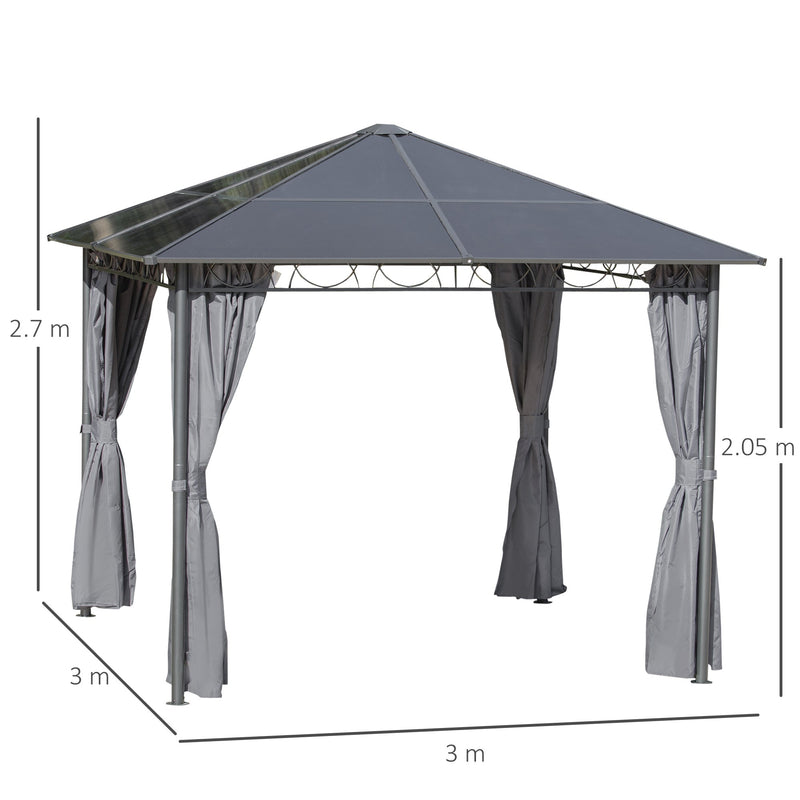 Outsunny 3 x 3(m) Hardtop Gazebo with UV Resistant Polycarbonate Roof, Steel & Aluminum Frame, Garden Pavilion with Curtains, Grey