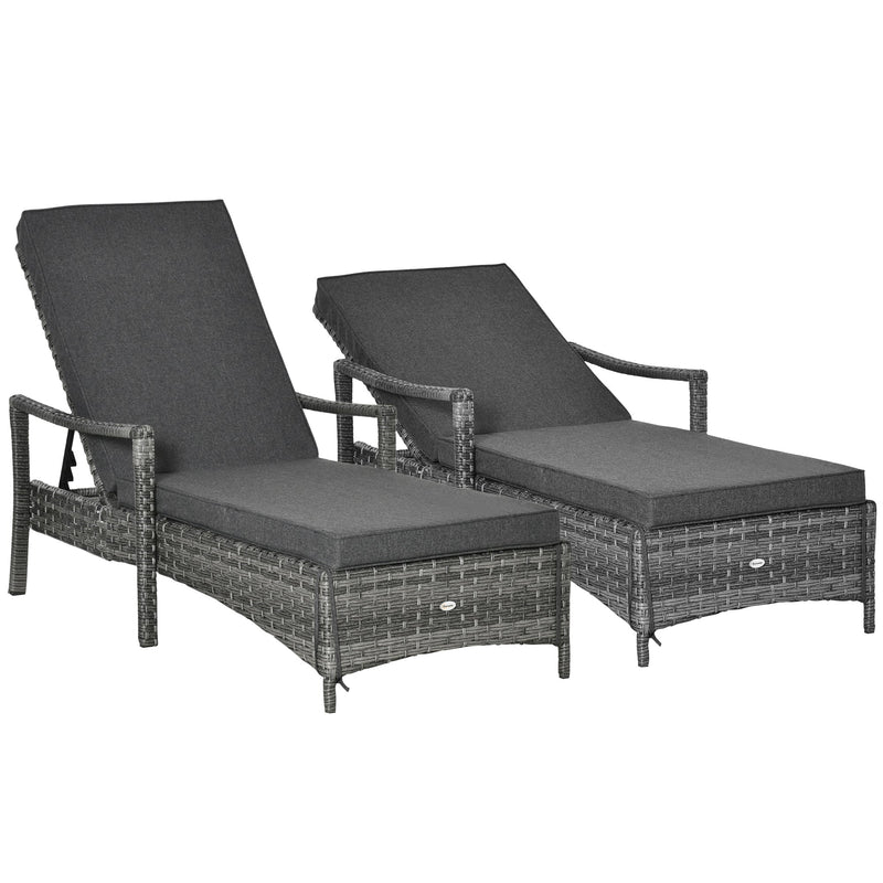 Outsunny PE Rattan Sun Loungers set of 2 with Cushion, Outdoor 2 Pieces Garden Sunbed Furniture with 4-Level Recliner Backrest, and Armrest, Grey