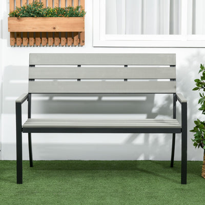 Outsunny 2 Seater Garden Bench, Slatted Outdoor Bench with Steel Frame, Garden Loveseat, 122 x 65 x 92 cm, Grey