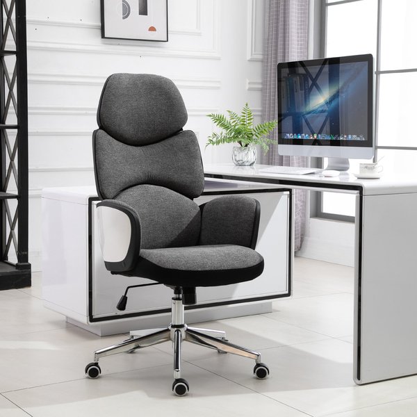 Linen Upholstered High-Back Home Office Chair- White/Grey