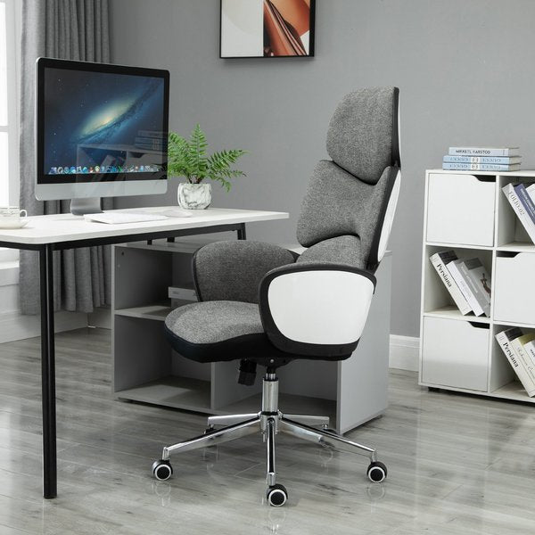 Linen Upholstered High-Back Home Office Chair- White/Grey