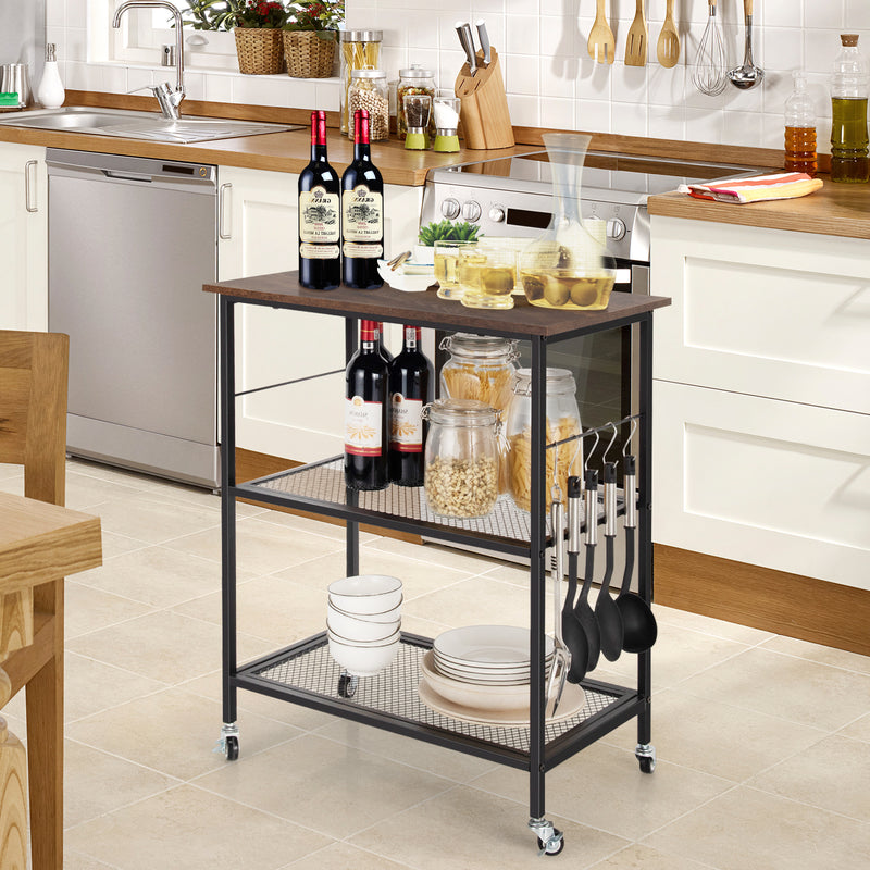 Lockable Trolley with Flexible Wheels, 2 Mesh Shelves and 5 Hanging Hooks-Coffee