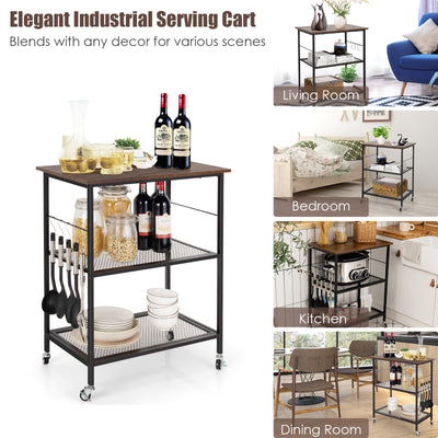 Lockable Trolley with Flexible Wheels, 2 Mesh Shelves and 5 Hanging Hooks-Coffee