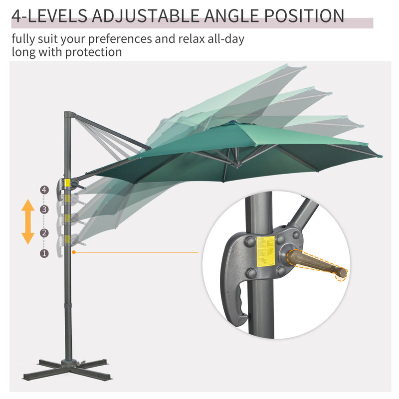 Outsunny 3 x 3(m) Cantilever Parasol with Cross Base, Garden Umbrella with 360° Rotation, Crank Handle and Tilt for Outdoor, Patio, Green