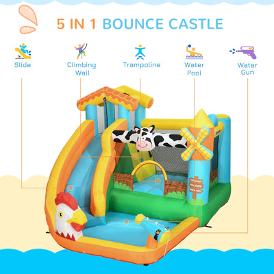 Outsunny 5 in 1 Kids Bounce Castle Farm Style Inflatable House with Slide Trampoline Pool Water Cannon Climbing Wall Inflator Carry bag for Ages 3-8