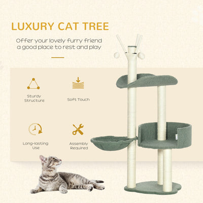 PawHut Cat Tree, Climbing Kitten Cat Tower Activity Center for Indoor Cats with Sisal Scratching Post, Hammock, Kitten Bed, Hanging Ball Toy, Green