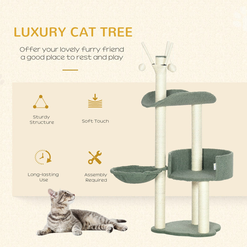 PawHut Cat Tree, Climbing Kitten Cat Tower Activity Center for Indoor Cats with Sisal Scratching Post, Hammock, Kitten Bed, Hanging Ball Toy, Green