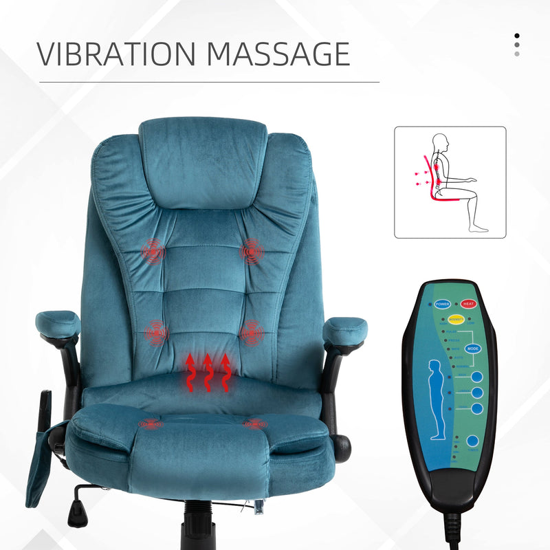 Vinsetto Massage Recliner Chair Heated Office Chair with Six Massage Points Velvet-Feel Fabric 360° Swivel Wheels Blue