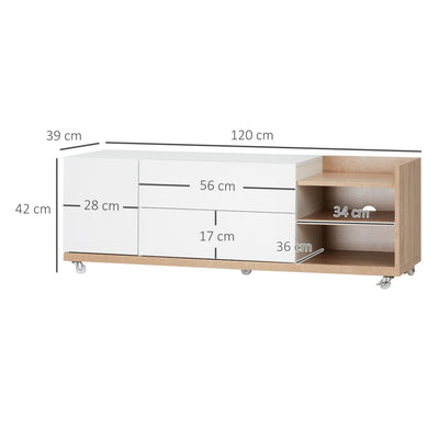 HOMCOM Modern TV Stand Unit for TVs up to 46" with Wheels, Storage Shelves and Drawers, 120cmx39cmx42cm, White and Natural