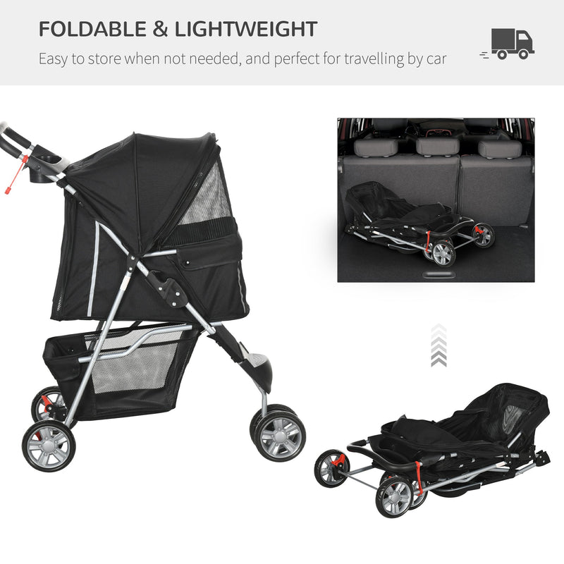 PawHut Pet Travel Stroller Cat Dog Pushchair Trolley Puppy Jogger Carrier Three Wheels for Small Miniature Dogs(Black)