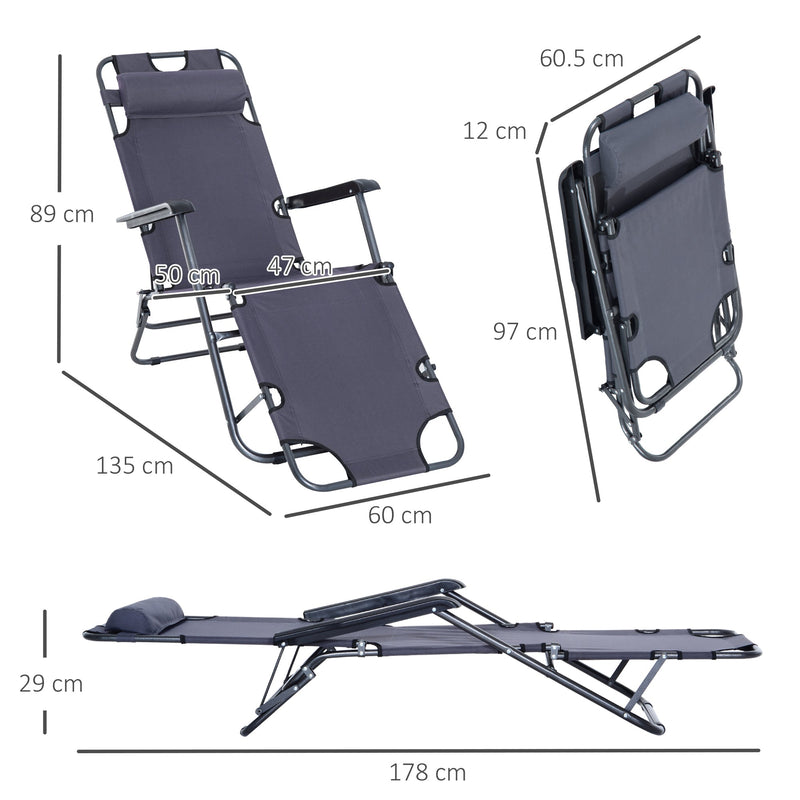 Outsunny 2 Pieces Foldable Sun Loungers with Adjustable Back, Outdoor Reclining Garden Chairs with Pillow and Armrests, Grey