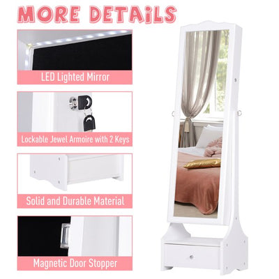 MDF Freestanding Mirror Jewellery Cabinet Full Length W/ LED Light White