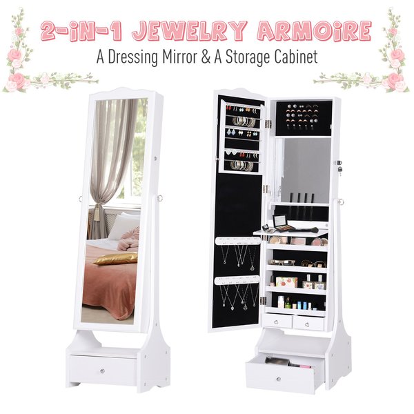 MDF Freestanding Mirror Jewellery Cabinet Full Length W/ LED Light White