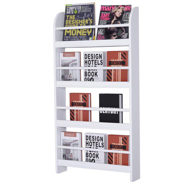 Freestanding Wall-Mounted 4-Tier Magazine Shelf Rack - White