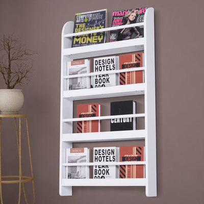 Freestanding Wall-Mounted 4-Tier Magazine Shelf Rack - White