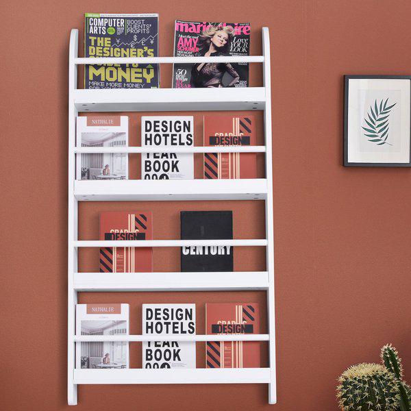 Freestanding Wall-Mounted 4-Tier Magazine Shelf Rack - White