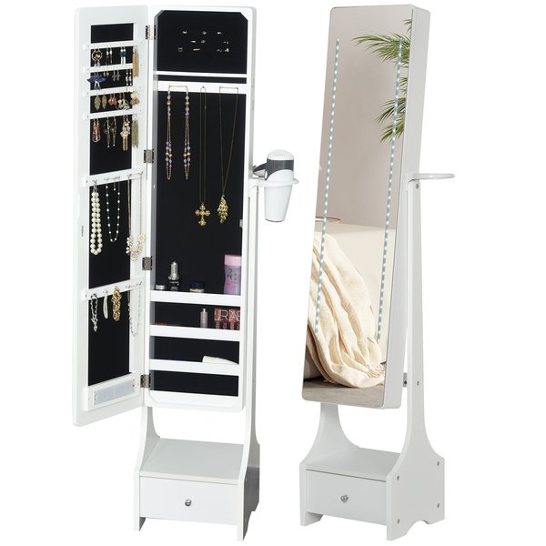 LED Illuminated Glass Mirror Jewelry Cabinet - White