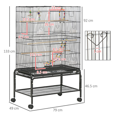 PawHut Bird Cage with Stand, Toys, Wheels, for Canaries, Finches, Lovebirds, Parakeets, Budgie Cage with Accessories, Storage Shelf, Black