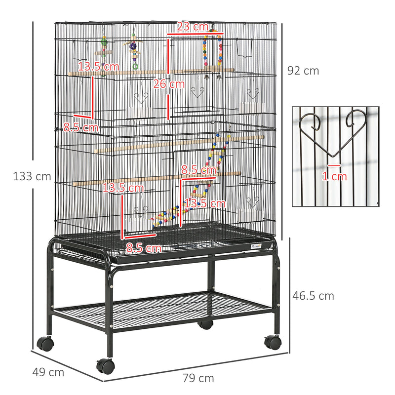 PawHut Bird Cage with Stand, Toys, Wheels, for Canaries, Finches, Lovebirds, Parakeets, Budgie Cage with Accessories, Storage Shelf, Black