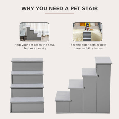 PawHut 4 Step Wooden Cushioned Pet Stairs Ramp Steps for Dogs, Cat Ladder for Bed Couch with Non-Slip Carpet, 40 x 59 x 54.2 cm, Grey