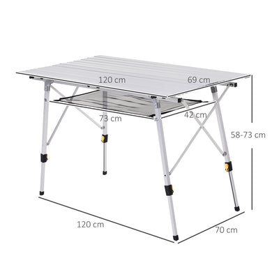 Outsunny 4FT Folding Aluminium Picnic Table Portable Camping BBQ Table Roll Up Top Mesh Layer Rack with Carrying Bag