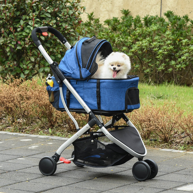 PawHut Detachable Pet Stroller Pushchair Foldable Dog Cat Travel Carriage 2-In-1 Design Carrying Bag Dark Blue